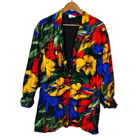 Vintage 80s Taarika Floral Silk Jacket Bright Long Sleeve Mid Thigh - M - Picture 1 of 5